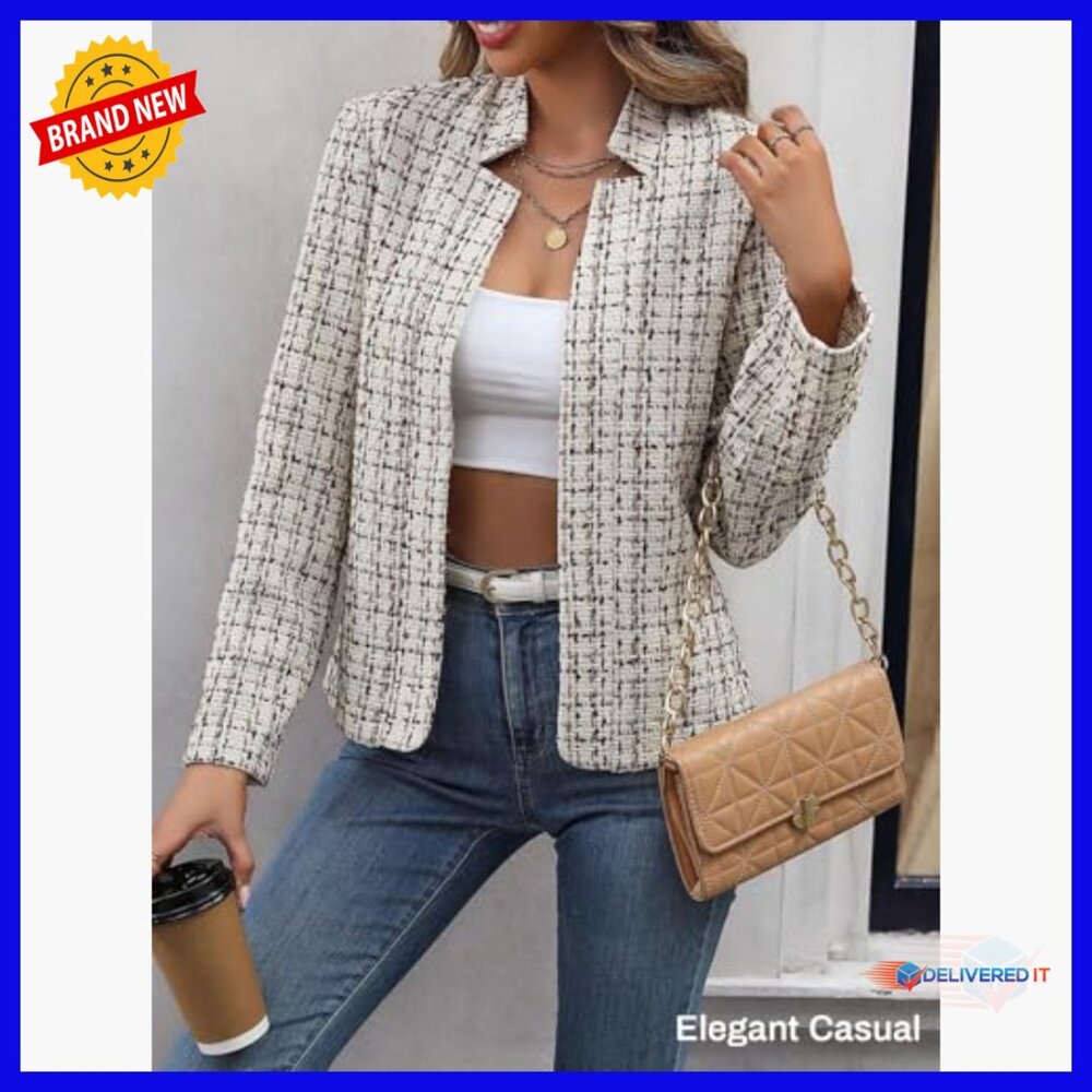Lightweight Tweed Blazer Open Front Notch Collar Office Work Casual - Picture 4 of 7